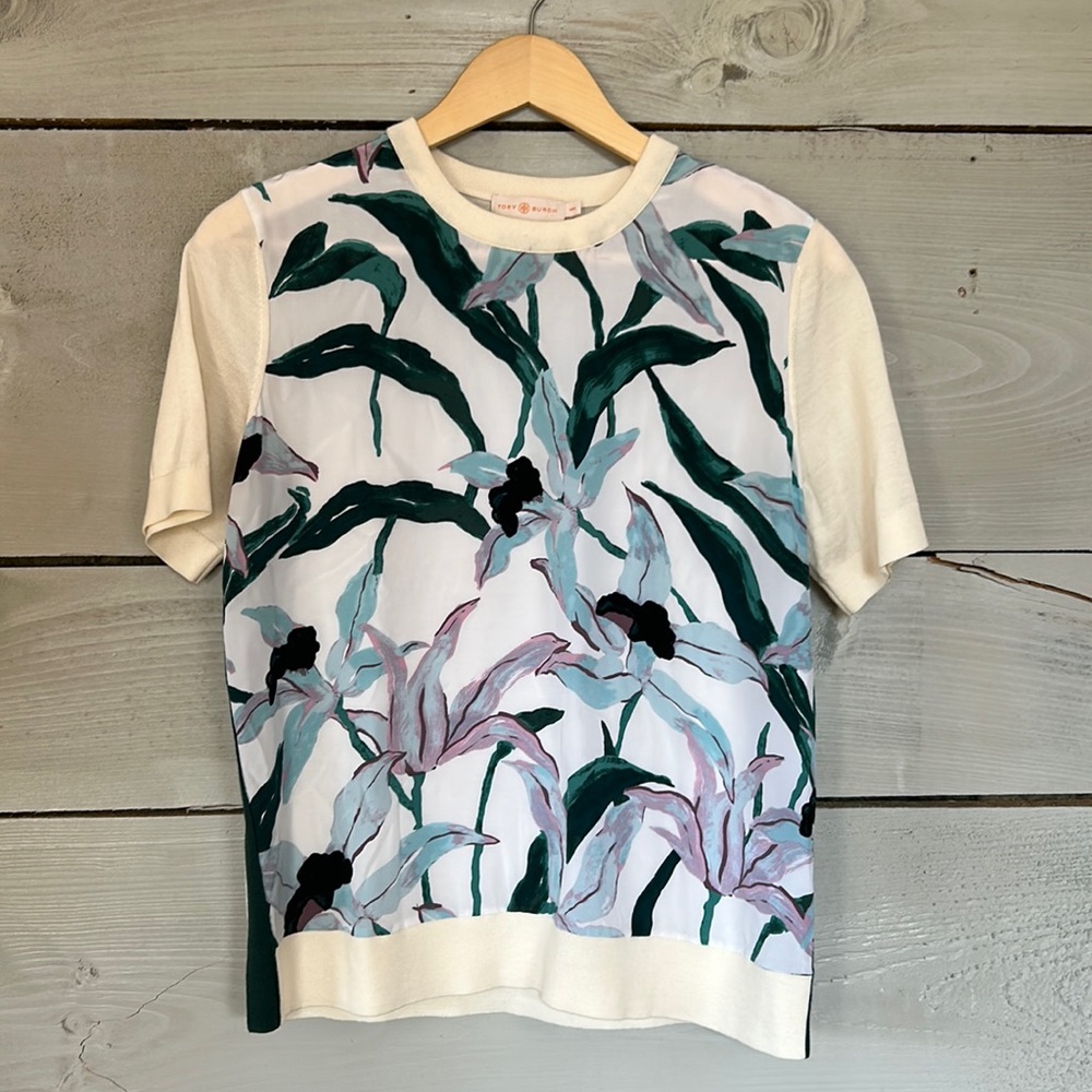 Tory Burch Short Sleeve Crew Neck Wool and Silk Desert Bloom Blouse Size Medium